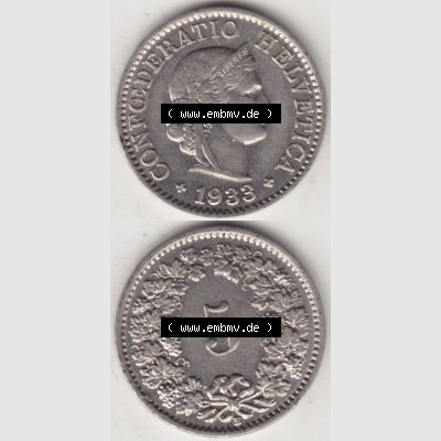 Münzen Schweiz 1932-1941, 5 Rappen Mzz. B 1933, Münzen Vollansicht Vertikal als Bildmaterial im online Katalog und online Datenbank für Sammler von Schweizer Münzen... Sammlung