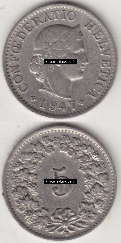 Münzen Schweiz 1940-1980, 5 Rappen Mzz. B 1947, Münzen Vollansicht Vertikal als Bildmaterial im online Katalog und online Datenbank... Sammlung