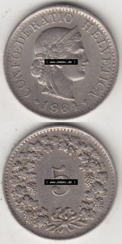 Münzen Schweiz 1940-1980, 5 Rappen Mzz. B 1964 II., Münzen Vollansicht Vertikal als Bildmaterial im online Katalog und online... Sammlung