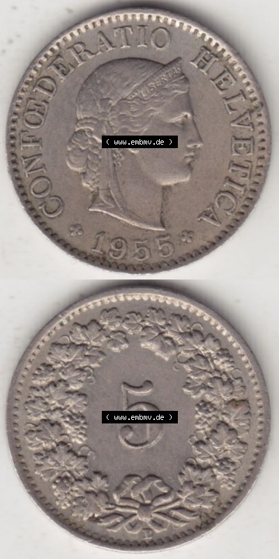 Münzen Schweiz 1940-1980, 5 Rappen Mzz. B 1955 I., Münzen Vollansicht Vertikal als Bildmaterial im online Katalog und online... Sammlung