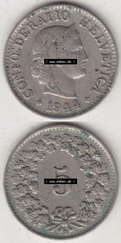 Münzen Schweiz 1940-1980, 5 Rappen Mzz. B 1944, Münzen Vollansicht Vertikal als Bildmaterial im online Katalog und online Datenbank... Sammlung