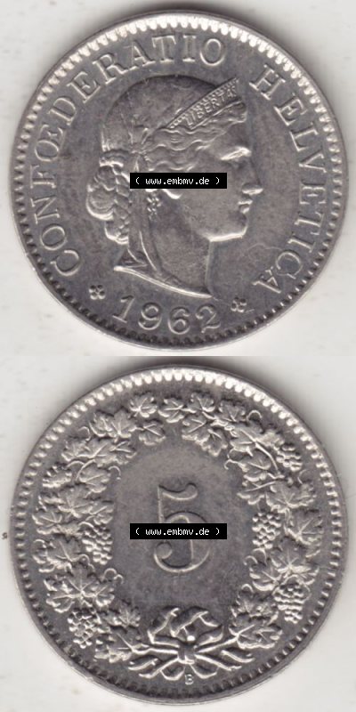 Münzen Schweiz 1940-1980, 5 Rappen Mzz. B 1962, Münzen Vollansicht Vertikal als Bildmaterial im online Katalog und online Datenbank... Sammlung