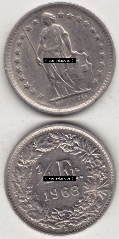 Münzen Schweiz 1968-1982, 1/2 Franken mit Münzzeichen / Mzz. B 1968 II, Münzen Vollansicht Vertikal als Bildmaterial für Mobile-Geräte Sammlung