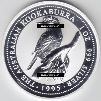 Silbermünzen Australien Kookaburra 1 Unze 1995. Vorderseite der Silbermünze Kookaburra / Eisvogel aus Australien hier im online Katalog und Datenbank zum verwalten und katalogisieren... Sammlung
