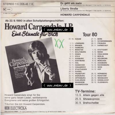 BRD Schlager (Singles), Electrola Records 1980, Howard Carpendale mit Es geht um mehr. Die Vinyl Single Schallplatten wurden hier im online Katalog als Datensatz hochladen.... Sammlung