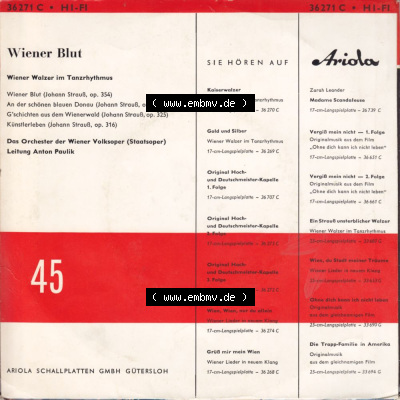Schlager (Singles), Ariola Records, Wiener Blut mit Wiener Walzer Im Tanzrhythmus (2) Sammlung