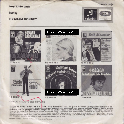 Single-Vinyl, Records EMI Columbia 1970, Graham Bonney mit Hey, Little Lady und Nancy. Single Schallplatten Vinyl - Sammlungen... Sammlung