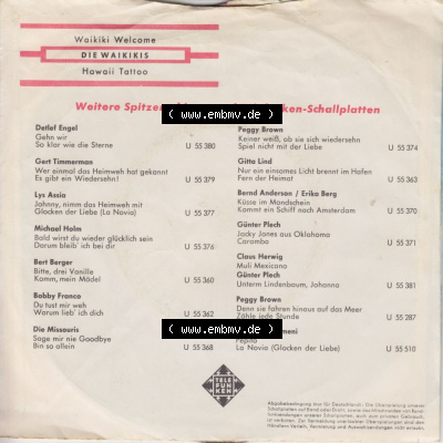 Single-Vinyl, Records Telefunken 1961, The Waikikis mit Waikiki Welcome und Hawaii Tatto. Single Schallplatten Vinyl - Sammlungen... Sammlung