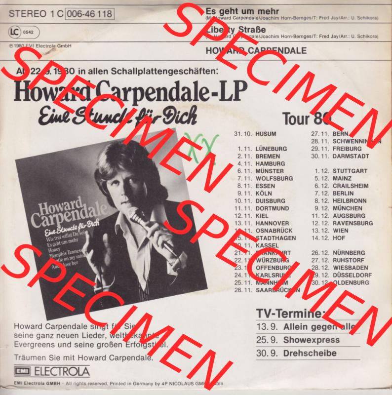 BRD Schlager (Singles), Electrola Records 1980, Howard Carpendale mit Es geht um mehr. Die Vinyl Single Schallplatten wurden hier im online Katalog als Datensatz hochladen.... Sammlung