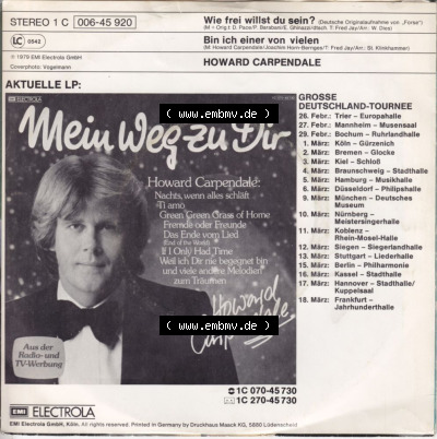 Schlager (Singles), Electrola Records 1979, Howard Carpendale mit Wie Frei Willst Du Sein. Die Vinyl Single Schallplatten wurden... Sammlung
