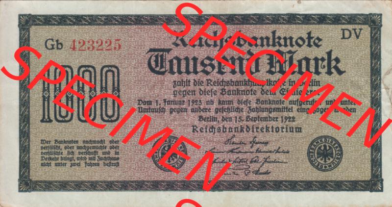 Banknote Deutsches Reich 1922, P76 1000 Mark (1) Sammlung