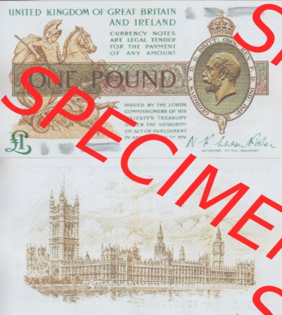 Banknoten England 1917-1917, 1 Pfund - One Pound. Vorderseite und Rückseite auf einen Digitalen Bild der Banknoten von England... Sammlung