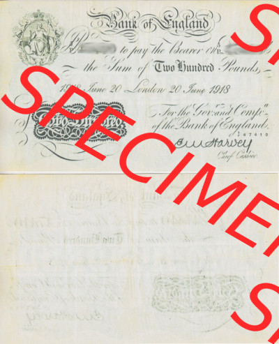 Banknoten England 1918-1925, 200 Pfund - 200 Pounds. Vorderseite und Rückseite auf einen Digitalen Bild der Banknoten von England... Sammlung
