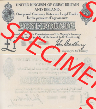 Banknoten England 1914-1914, I. 1 Pfund - Pound. Vorderseite und Rückseite auf einen Digitalen Bild der Banknoten von England... Sammlung