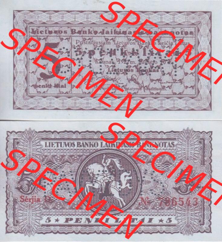 Banknoten Litauen 1922-1922, 5 penki litai. Vorderseite und Rückseite auf einen Digitalen Bild der Banknoten von Litauen 1922, Banknoten aus Satz der Banknoten Litauen 1922 im online... Sammlung