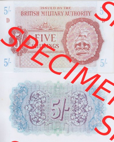 Banknoten Britisches Militär 1943-1943, 5 Schilling - 5 Shillings. Vorderseite und Rückseite auf einen Digitalen Bild der Banknoten... Sammlung