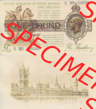Banknoten England 1917-1917, 1 Pfund - Pound. Vorderseite und Rückseite auf einen Digitalen Bild der Banknoten von England 1917-1948,... Sammlung