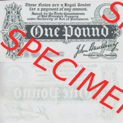 Banknoten England 1914-1914, 1 Pfund - Pound. Vorderseite und Rückseite auf einen Digitalen Bild der Banknoten von England 1914-1915,... Sammlung