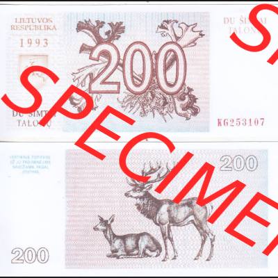 Banknoten Litauen 1993-1993, 200 Talonas Hirsch und Reh. Vorderseite und Rückseite auf einen Digitalen Bild der Banknoten von Litauen 1992 und 1993, Banknoten aus Satz der Banknoten... Sammlung