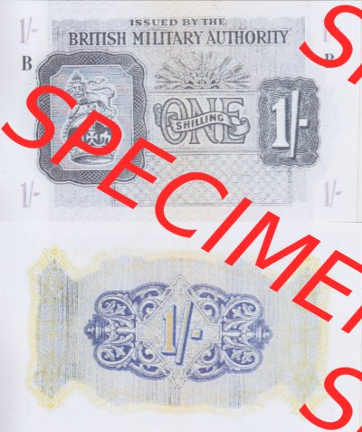 Banknoten Britisches Militär 1943-1943, 1 Schilling - One Shilling. Vorderseite und Rückseite auf einen Digitalen Bild der Banknoten... Sammlung