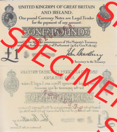 Banknoten England 1914-1914, III. 1 Pfund - Pound Specimen. Vorderseite und Rückseite auf einen Digitalen Bild der Banknoten... Sammlung