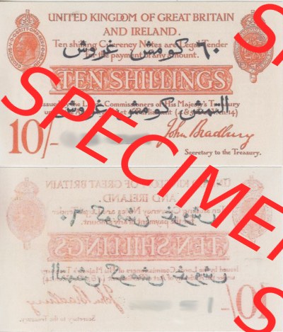 Banknoten England 1915-1915, II. 10 Schilling - Shillings. Vorderseite und Rückseite auf einen Digitalen Bild der Banknoten von... Sammlung
