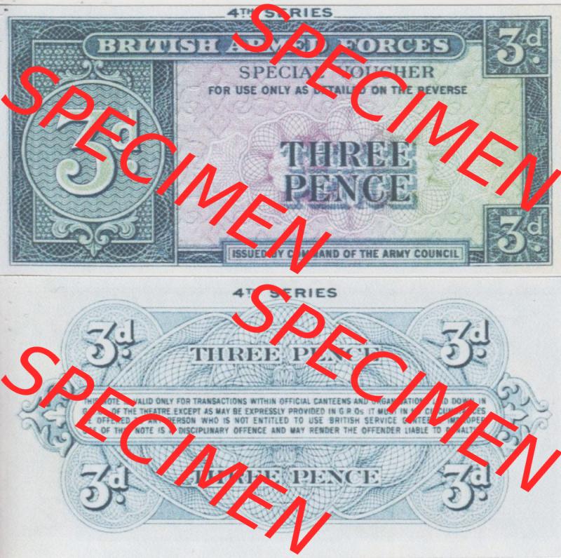 Banknoten Britisches Militär 1962-1962, 3 Pence, Three Pence 4. Serie. Vorderseite und Rückseite auf einen Digitalen Bild der Banknoten vom Britisches Militär 1962.... Sammlung