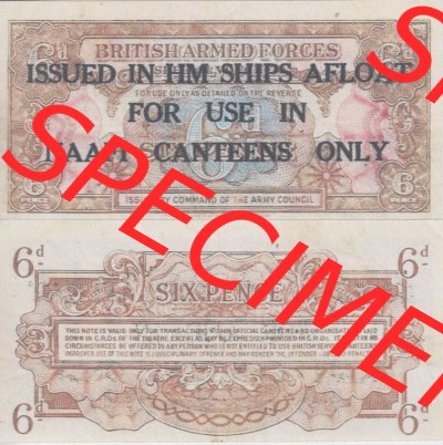 Banknoten Britisches Militär 1946-1946, 6 Six Pence. Vorderseite und Rückseite auf einen Digitalen Bild der Banknoten vom Britisches... Sammlung