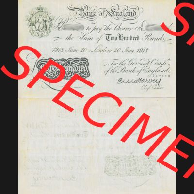 Banknoten England 1918-1925, 200 Pfund - 200 Pounds. Vorderseite und Rückseite auf einen Digitalen Bild der Banknoten von England 1917-1948, Banknoten aus Satz der Englischen Banknoten... Sammlung