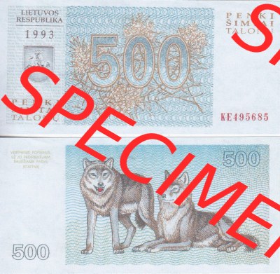 Banknoten Litauen 1993-1993, 500 Talonas Wölfe. Vorderseite und Rückseite auf einen Digitalen Bild der Banknoten von Litauen... Sammlung