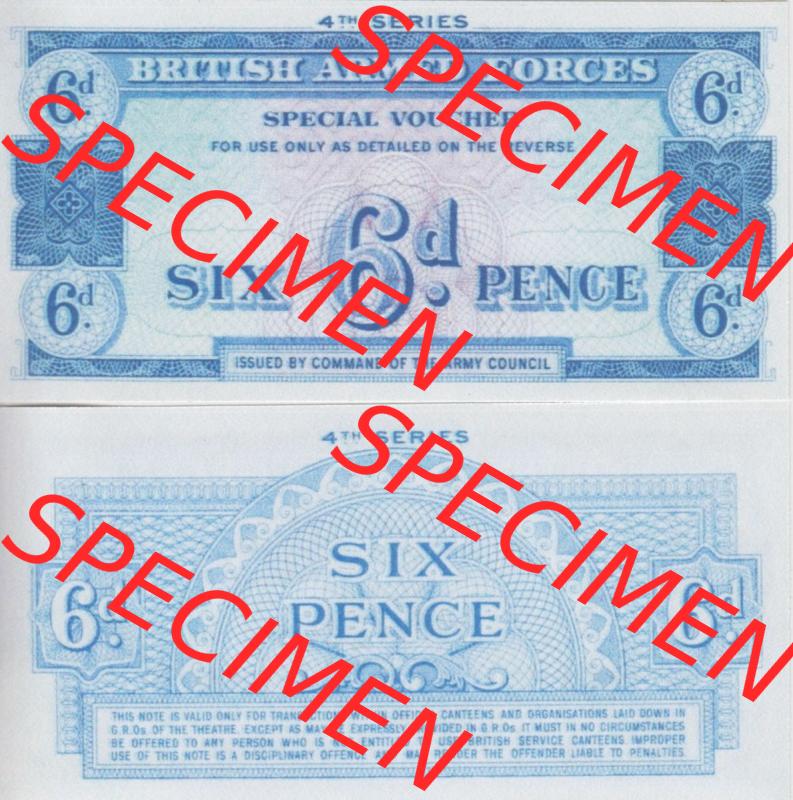 Banknoten Britisches Militär 1962-1962, 6 Pence, Six Pence 4. Serie. Vorderseite und Rückseite auf einen Digitalen Bild der Banknoten vom Britisches Militär 1962.... Sammlung
