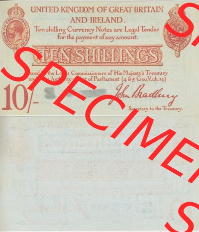 Banknoten England 1915-1915, I. 10 Schilling - Shillings. Vorderseite und Rückseite auf einen Digitalen Bild der Banknoten von... Sammlung