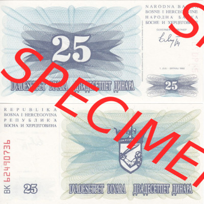 Banknoten Bosnien und Herzegowina 1992, 25 Dinara Dvadesetpet. Vorderseite und Rückseite auf einen Digitalen Bild der Bosnien... Sammlung