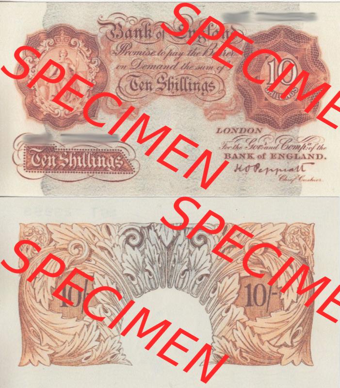 Banknoten England 1928-1948, 10 Schilling, Ten Shillings. Vorderseite und Rückseite auf einen Digitalen Bild der Banknoten von England 1917-1948, Banknoten aus Satz der Englischen... Sammlung