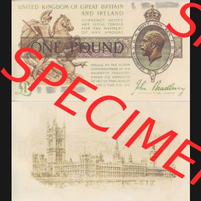 Banknoten England 1917-1917, 1 Pfund - Pound. Vorderseite und Rückseite auf einen Digitalen Bild der Banknoten von England 1917-1948, Banknoten aus Satz der Englischen Banknoten... Sammlung