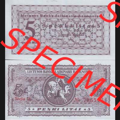 Banknoten Litauen 1922-1922, 5 penki litai. Vorderseite und Rückseite auf einen Digitalen Bild der Banknoten von Litauen 1922, Banknoten aus Satz der Banknoten Litauen 1922 im online... Sammlung