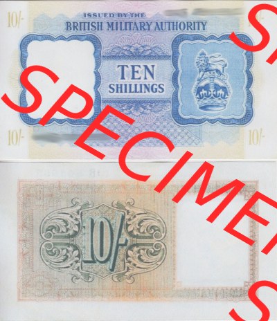 Banknoten Britisches Militär 1943-1943, 10 Schilling - 10 Shillings. Vorderseite und Rückseite auf einen Digitalen Bild der... Sammlung