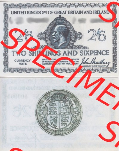 Banknoten England 1919-1919, 2 Schilling 6 Pence - Two Shillings Six Pence. Vorderseite und Rückseite auf einen Digitalen Bild... Sammlung