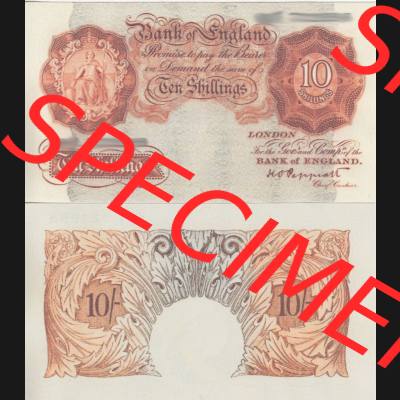Banknoten England 1928-1948, 10 Schilling, Ten Shillings. Vorderseite und Rückseite auf einen Digitalen Bild der Banknoten von England 1917-1948, Banknoten aus Satz der Englischen... Sammlung