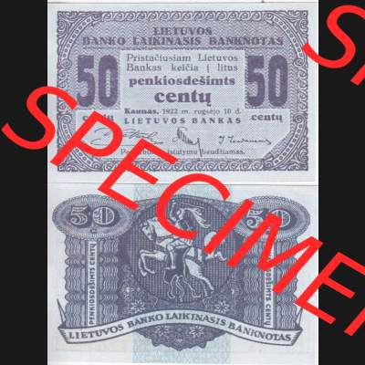 Banknoten Litauen 1922-1922, 50 penkiosdesimts centu. Vorderseite und Rückseite auf einen Digitalen Bild der Banknoten von Litauen 1922, Banknoten aus Satz der Banknoten Litauen... Sammlung