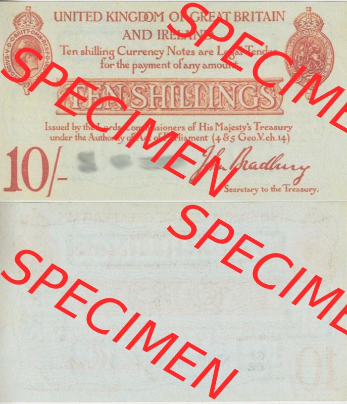 Banknoten England 1915-1915, I. 10 Schilling - Shillings. Vorderseite und Rückseite auf einen Digitalen Bild der Banknoten von England 1914-1915, Banknoten aus Satz der Englischen... Sammlung