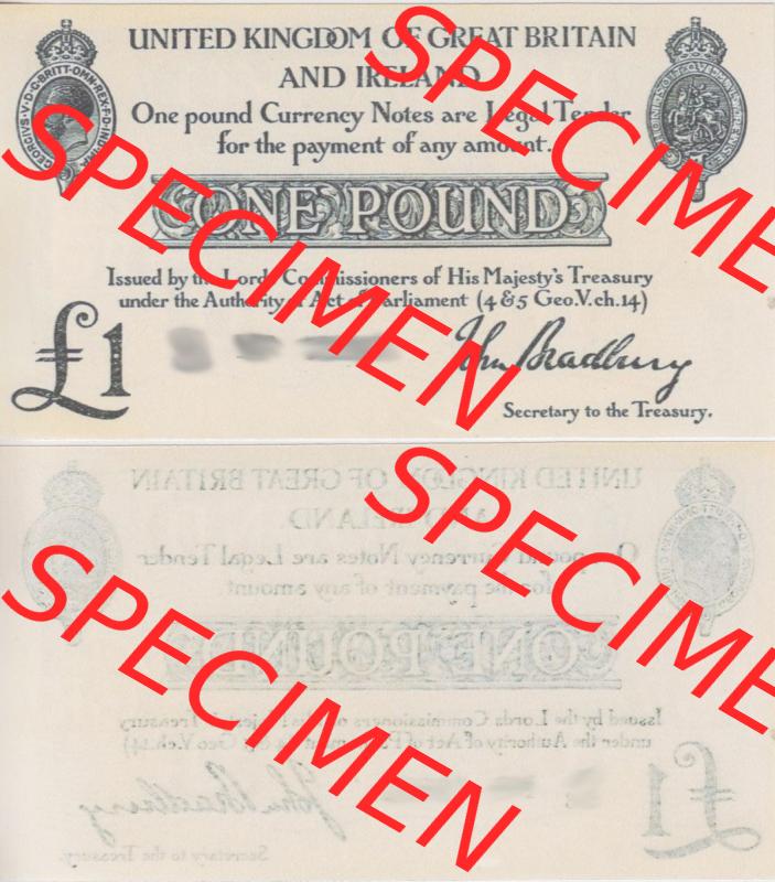 Banknoten England 1914-1914, I. 1 Pfund - Pound. Vorderseite und Rückseite auf einen Digitalen Bild der Banknoten von England 1914-1915, Banknoten aus Satz der Englischen... Sammlung