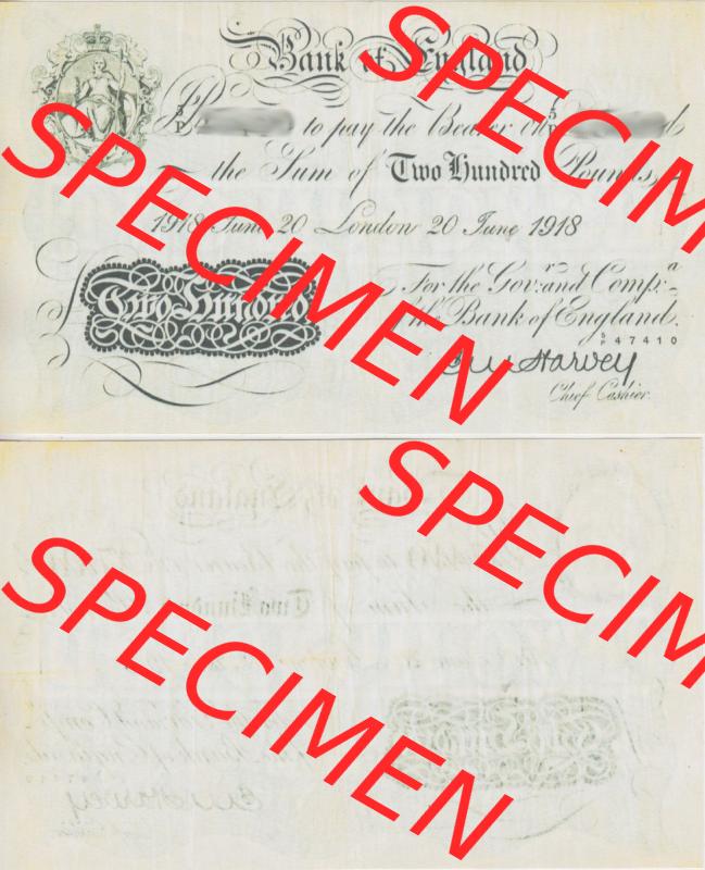 Banknoten England 1918-1925, 200 Pfund - 200 Pounds. Vorderseite und Rückseite auf einen Digitalen Bild der Banknoten von England 1917-1948, Banknoten aus Satz der Englischen Banknoten... Sammlung