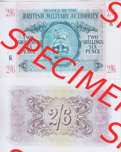 Banknoten Britisches Militär 1943-1943, 2 Schilling - 6 Pence - Shillings. Vorderseite und Rückseite auf einen Digitalen Bild... Sammlung
