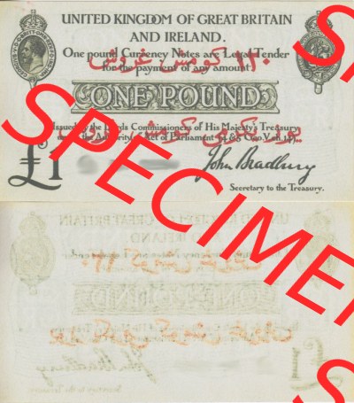 Banknoten England 1914-1914, II. 1 Pfund - Pound. Vorderseite und Rückseite auf einen Digitalen Bild der Banknoten von England... Sammlung