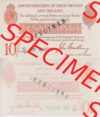 Banknoten England 1915-1915, III. 10 Schilling - Shillings Specimen. Vorderseite und Rückseite auf einen Digitalen Bild der Banknoten... Sammlung
