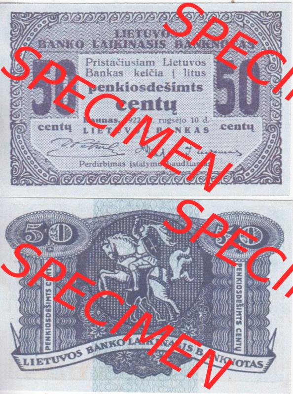 Banknoten Litauen 1922-1922, 50 penkiosdesimts centu. Vorderseite und Rückseite auf einen Digitalen Bild der Banknoten von Litauen 1922, Banknoten aus Satz der Banknoten Litauen... Sammlung
