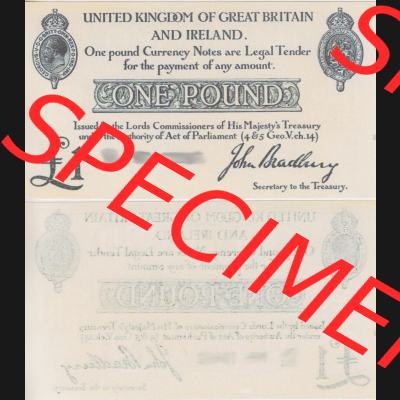 Banknoten England 1914-1914, I. 1 Pfund - Pound. Vorderseite und Rückseite auf einen Digitalen Bild der Banknoten von England 1914-1915, Banknoten aus Satz der Englischen... Sammlung