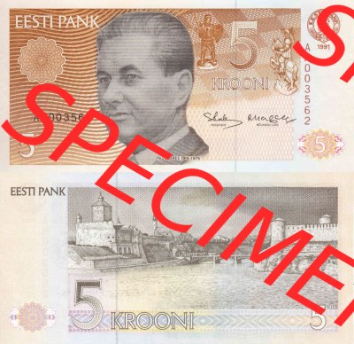 Banknoten Estland 1991, 5 Kronen. Vorderseite und Rückseite auf einen Digitalen Bild der Banknoten von Estland 1991-1992, Banknoten... Sammlung
