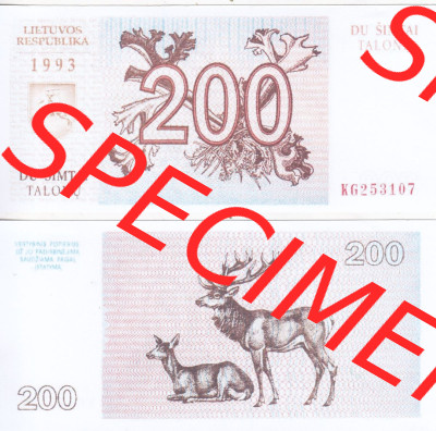 Banknoten Litauen 1993-1993, 200 Talonas Hirsch und Reh. Vorderseite und Rückseite auf einen Digitalen Bild der Banknoten von... Sammlung